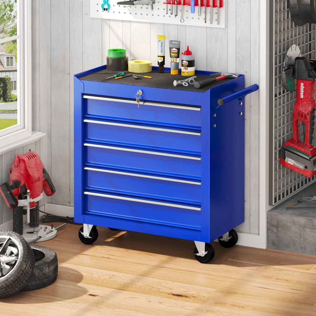 blue metal tool chest on wheels